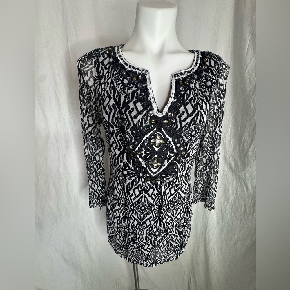 INC International Concepts Embellished Tunic Top Black White Tribal Boho M - Picture 2 of 8